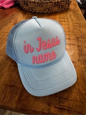 Light Blue Trucker Hat with Pink "in Jesus name" Script